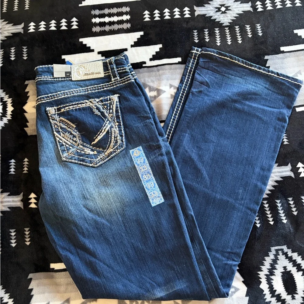 Grace in LA Indigo Bootcut Jeans with Embroidered Back Pocket - Picture 1 of 5